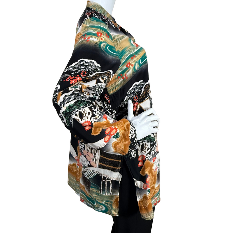 Load image into Gallery viewer, pre-loved Citron Black Blouse with Scenic Japanese Motives showcases a bold and artistic print inspired by traditional East Asian landscape paintings
