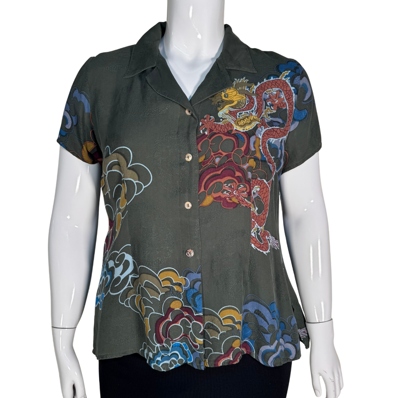 Load image into Gallery viewer, Citron Dark Green Blouse with Dragon Motives

