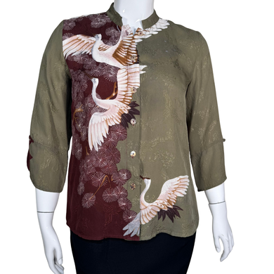 Citron Green Blouse With Crane Bird Design