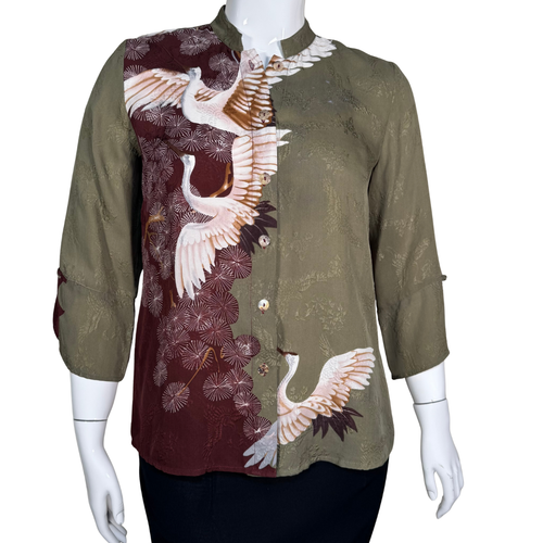 Citron Green Blouse With Crane Bird Design