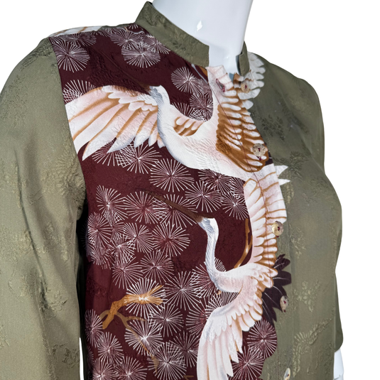 Citron Green Blouse With Crane Bird Design