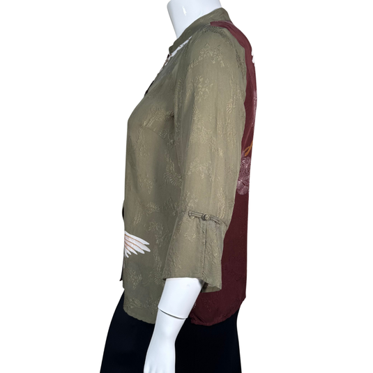 Citron Green Blouse With Crane Bird Design