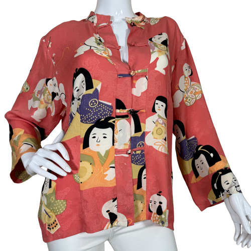 thrifted eye-catching Citron Salmon Colored Japanese Blouse features a vibrant red base adorned with charming traditional Japanese-style illustrations of women in kimonos