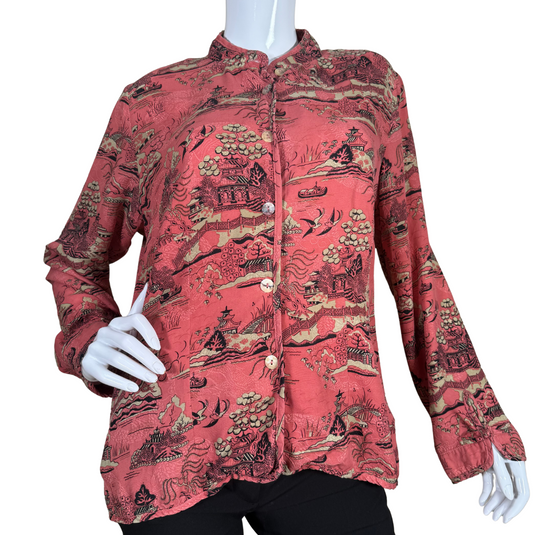 pre-loved soft, Citron Vintage Terra Cotta Colored Scenic Landscape Blouse features an intricate landscape print depicting traditional Asian architecture, serene waters, trees, and birds in flight
