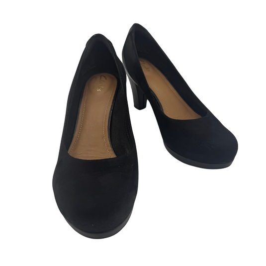 elegant Clarks Black Suede Closed Toe Heels, gently used and in excellent condition