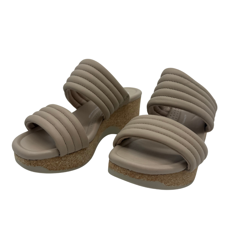 Load image into Gallery viewer, Clarks Neutral Quilted Platform Slide Sandals. Featuring a plush padded double strap and a cork-inspired wedge sole
