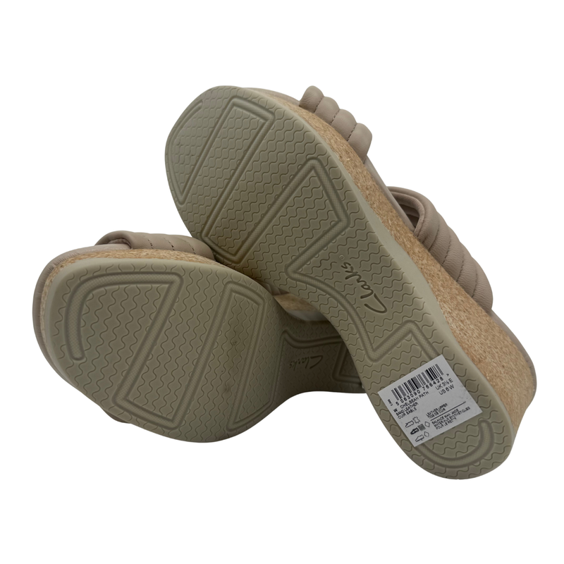 Load image into Gallery viewer, Clarks Neutral Quilted Platform Slide Sandals. Featuring a plush padded double strap and a cork-inspired wedge sole
