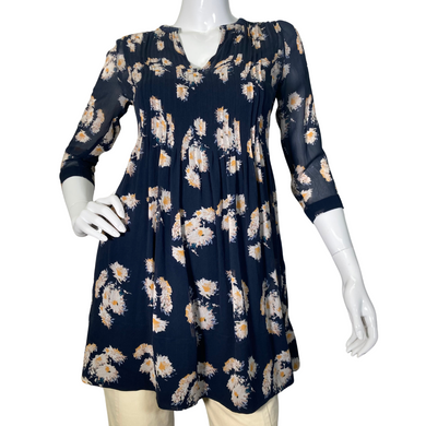 Club Monaco Floral Sheer Silk Blouse is stylish navy blue floral tunic blouse with a flowy, relaxed fit, perfect for casual wear or dressing up - front view
