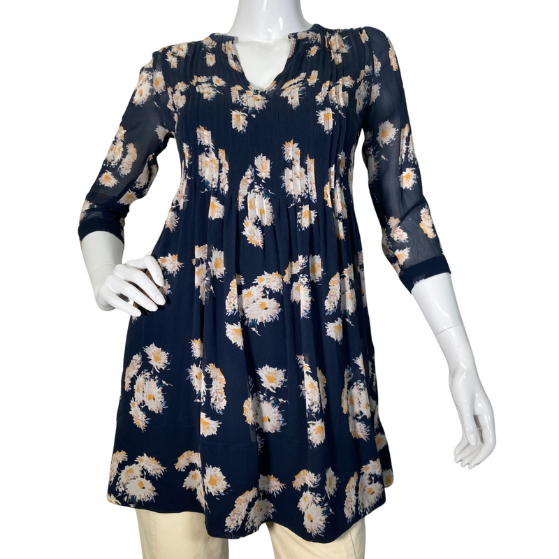 Load image into Gallery viewer, Club Monaco Floral Sheer Silk Blouse is stylish navy blue floral tunic blouse with a flowy, relaxed fit, perfect for casual wear or dressing up - front view
