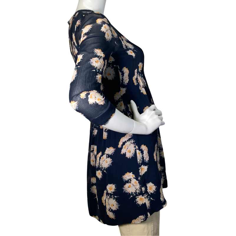 Load image into Gallery viewer, Club Monaco Floral Sheer Silk Blouse is stylish navy blue floral tunic blouse with a flowy, relaxed fit, perfect for casual wear or dressing up - side view 
