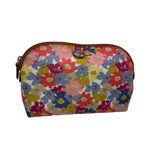 This pre-loved Coach Make-up Bag or Clutch with Colorful Flowers is a colorful floral-print zippered pouch with a semi-circular shape. It features a vibrant multicolor design, perfect for adding a cheerful touch to your accessories.