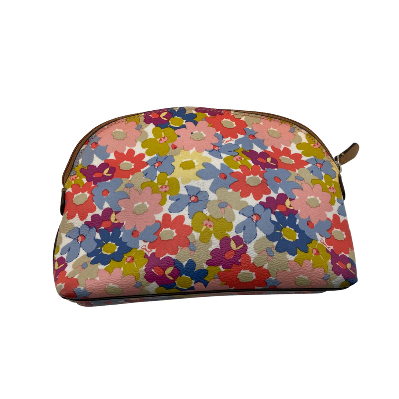 Load image into Gallery viewer, This pre-loved Coach Make-up Bag or Clutch with Colorful Flowers is a colorful floral-print zippered pouch with a semi-circular shape. It features a vibrant multicolor design, perfect for adding a cheerful touch to your accessories.
