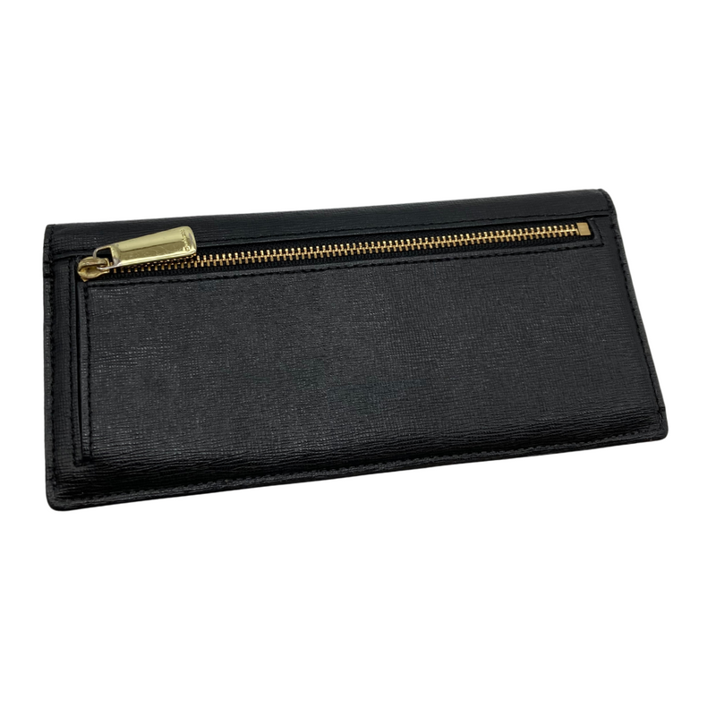 Load image into Gallery viewer, This pre-loved Coach Mini Black Purse with Gold Zipper with a sleek and minimalist design. It features the iconic “COACH New York” logo in gold lettering on the front. The wallet is made of textured leather and has a flap closure. Its compact size makes it perfect for carrying essentials like cards, cash, and small items.&nbsp;
