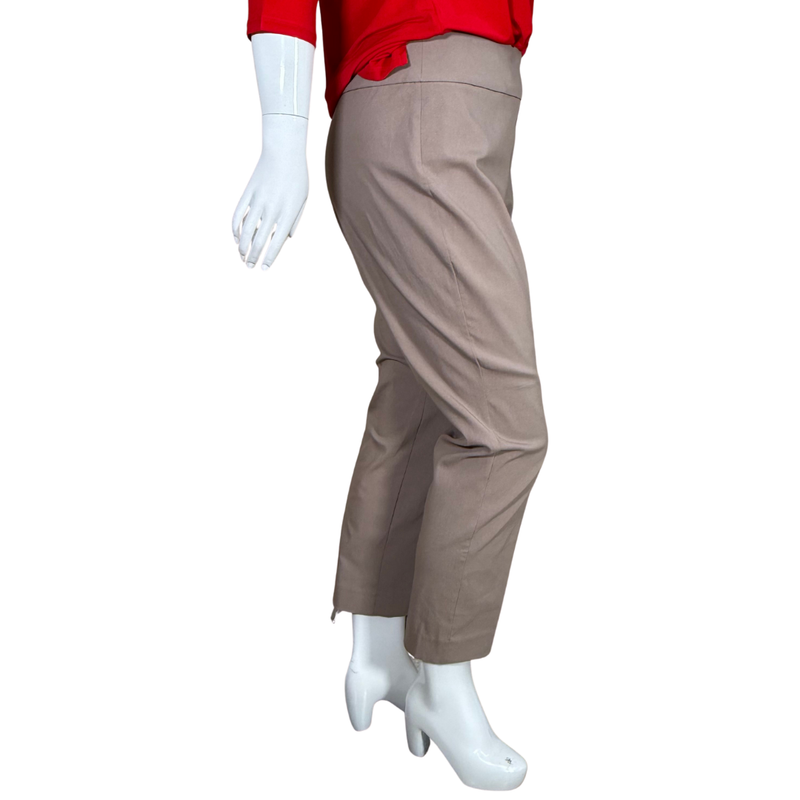 Load image into Gallery viewer, taupe slim-fit donated Coldwater Creek ShapeMe Mocha Stretch Pants offer a clean, tailored look ideal for both business casual and everyday wear
