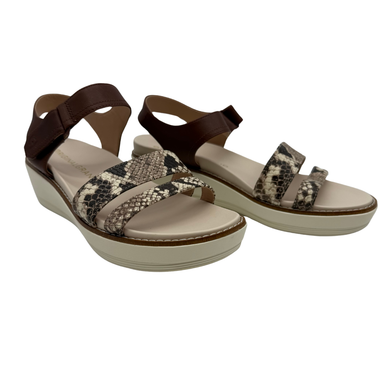 Cole Haan Originalgrand Beige Sandals with Brown and Snake Skin Straps, blending a faux snakeskin pattern across the toe straps with a solid brown ankle support