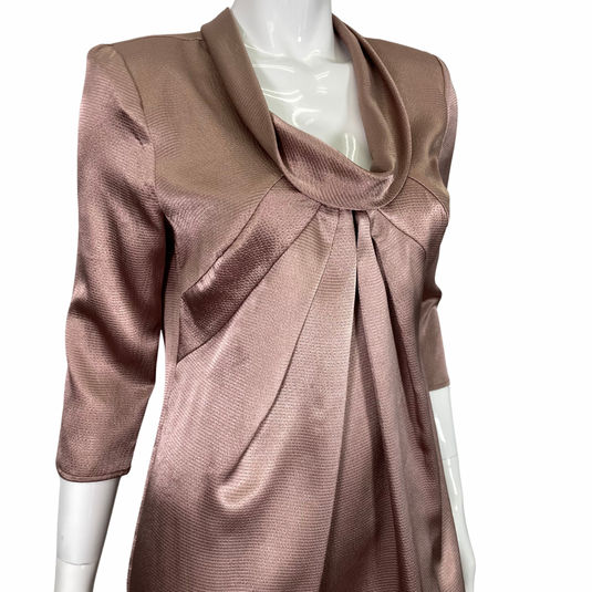 ABS by Allen Schwartz Luxurious Bronze dress close up of the long sleeves and high draped neckline