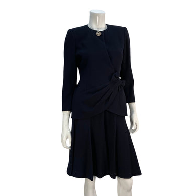 Hanae Mori Paris Navy Wool Vintage Skirt Suit on mannequin front view