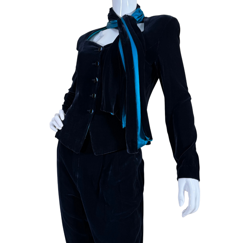 Load image into Gallery viewer, Black velvet outfit with blue accents on a mannequin against a white background

