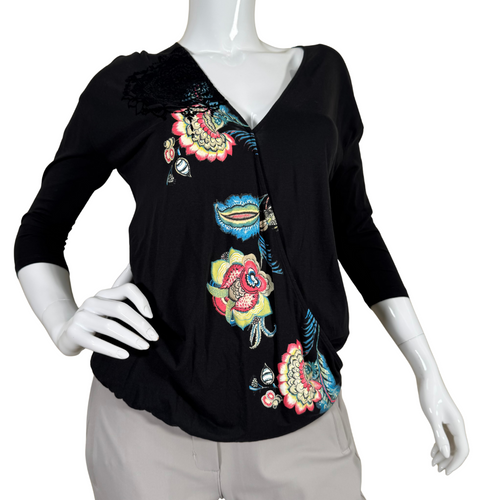  pre-loved Desigual Black Top with Abstract Flowers with a stylish draped design and a flattering V-neckline - front view