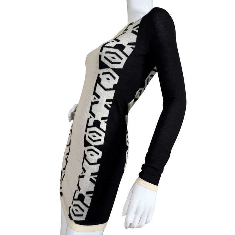 Load image into Gallery viewer, Diane Von Furstenberg Bold Statement – Geometric Bodycon Dress, featuring a bold black and cream geometric design
