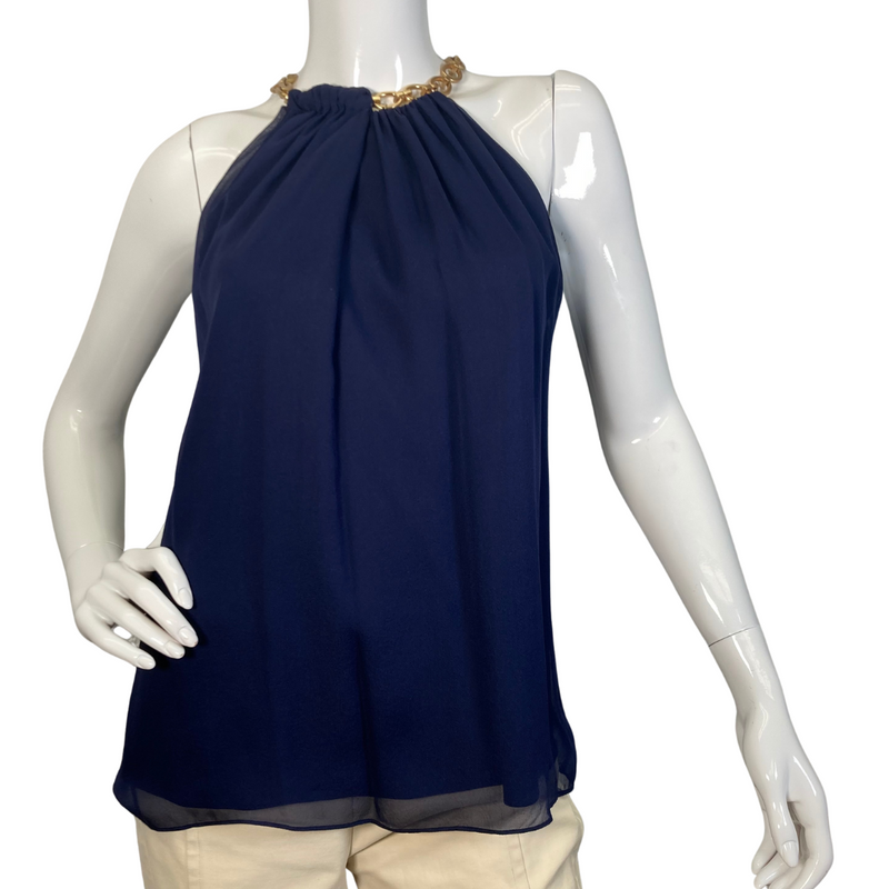 Load image into Gallery viewer, pre-loved Diane Von Furstenberg Silk Navy Blue Blouse with Golden Neck Chain – a chic and elegant sleeveless blouse featuring a flowy chiffon fabric with a gathered neckline and a stylish gold chain accent - front view
