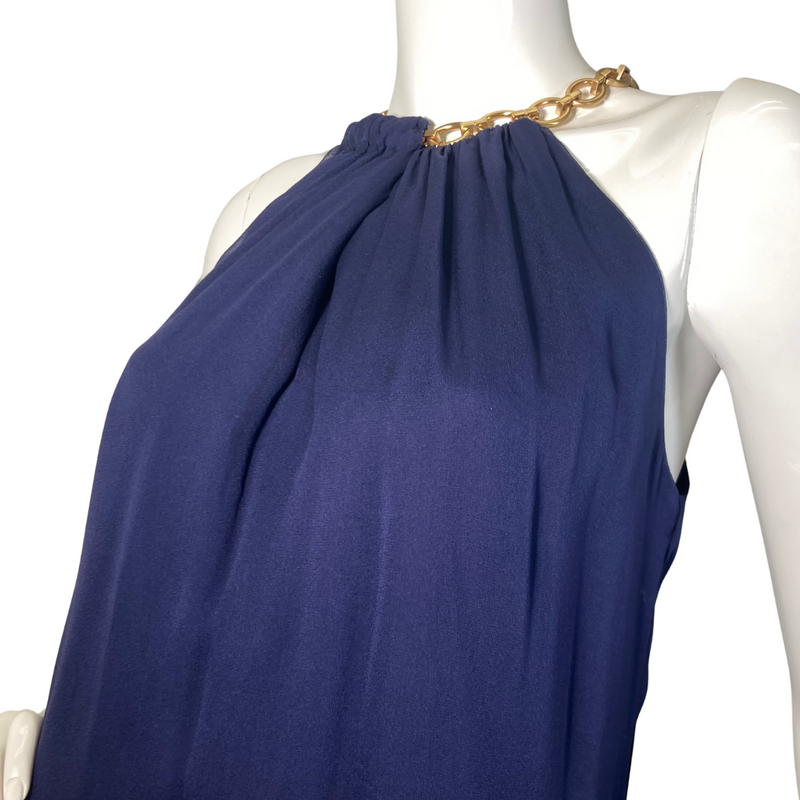 Load image into Gallery viewer, pre-loved Diane Von Furstenberg Silk Navy Blue Blouse with Golden Neck Chain – a chic and elegant sleeveless blouse featuring a flowy chiffon fabric with a gathered neckline and a stylish gold chain accent - close up side view
