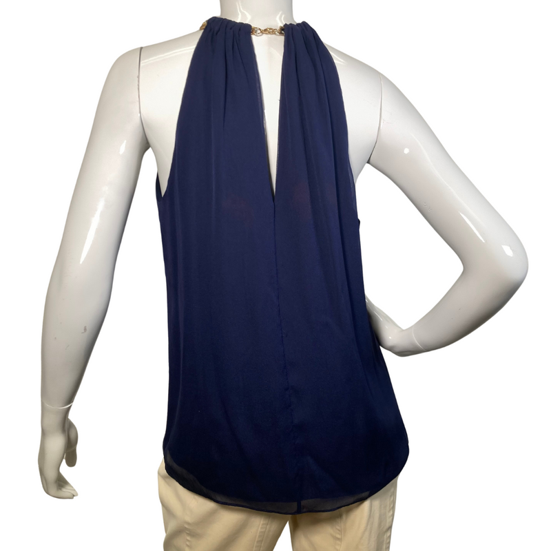 Load image into Gallery viewer, pre-loved Diane Von Furstenberg Silk Navy Blue Blouse with Golden Neck Chain – a chic and elegant sleeveless blouse featuring a flowy chiffon fabric with a gathered neckline and a stylish gold chain accent - backside view
