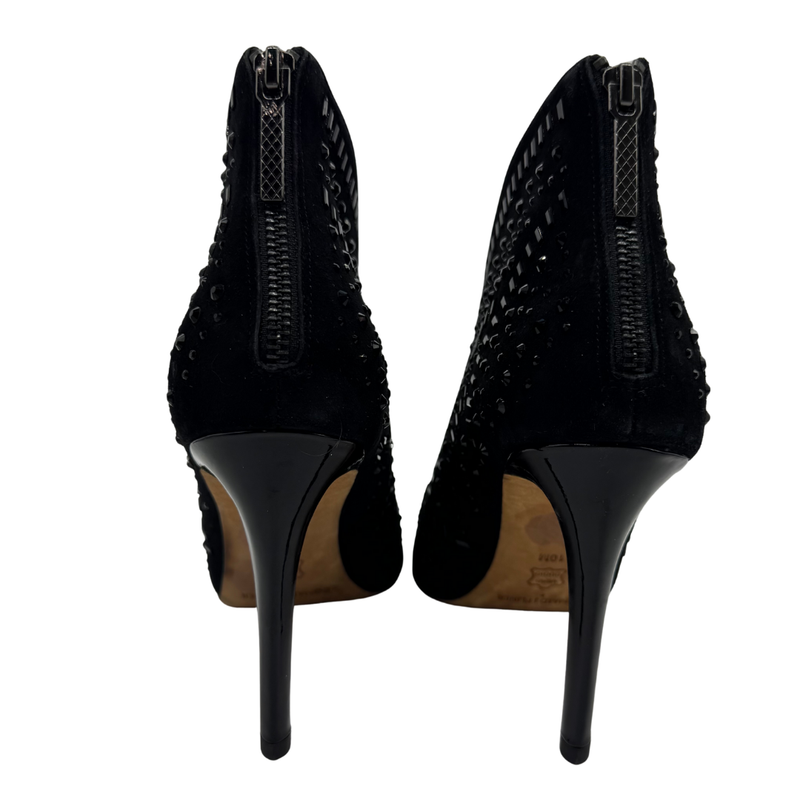 Load image into Gallery viewer, Donald J Pliner Black High Heel Ankle Boots with Gems
