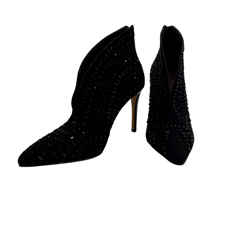 Load image into Gallery viewer, Donald J Pliner Black High Heel Ankle Boots with Gems
