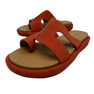 stylish donated Donald Pliner Coral Orange Leather Slide Sandals feature a vibrant orange leather upper with a sleek, minimalist cutout design