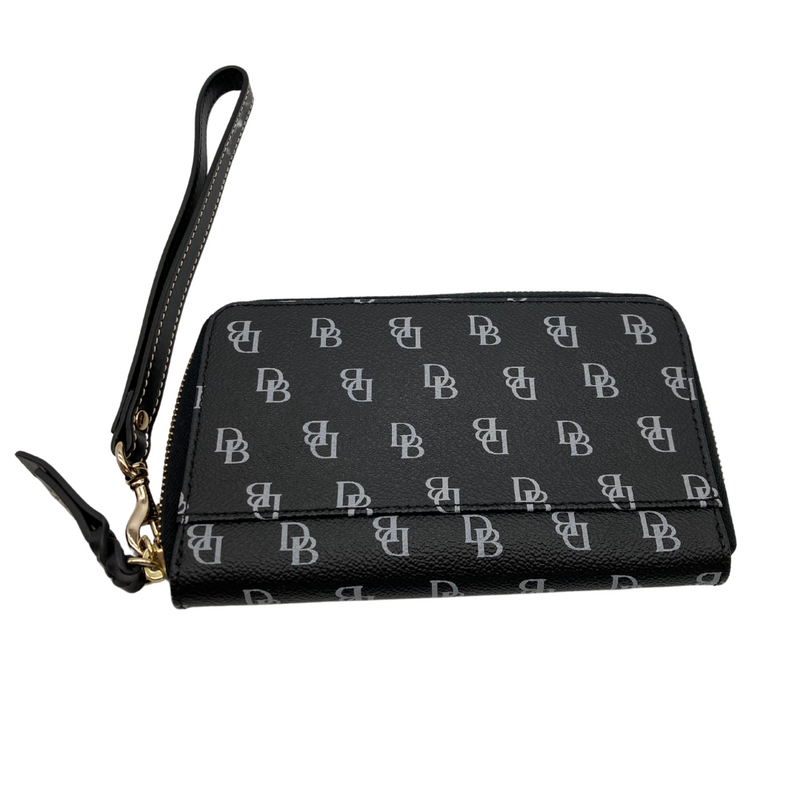 Load image into Gallery viewer, pre-loved Dooney Bourke Black Wristlet with Monogram, features the brand&#39;s signature monogram print in a sleek black and white design
