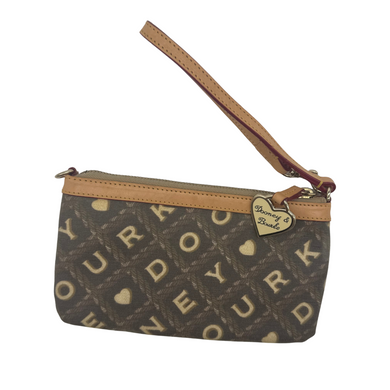 re-loved Dooney & Bourke Monogram Wristlet featuring a brown background with a gold letter