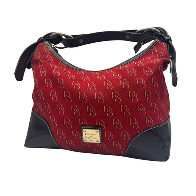 Bold and elegant, Dooney & Bourke Rich Red Handbag with Monogram Pattern stands out with its tonal “DB” monogram