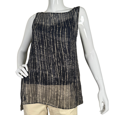Eileen Fisher Zebra Sheer Sleeveless Blouse is a stylish sleeveless top features a lightweight, semi-sheer fabric with a navy blue and white abstract stripe pattern - front view