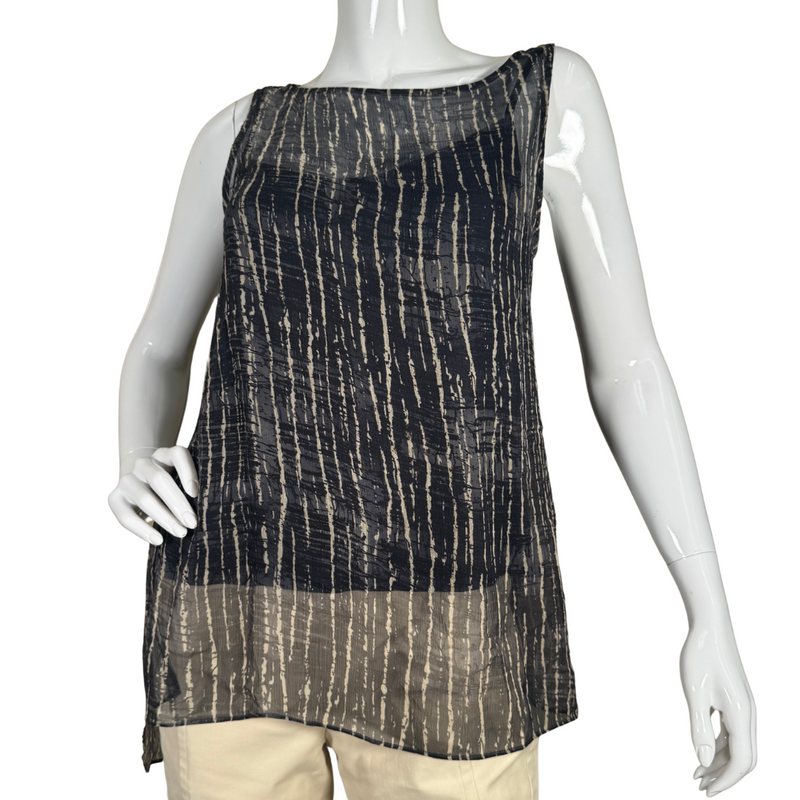 Load image into Gallery viewer, Eileen Fisher Zebra Sheer Sleeveless Blouse is a stylish sleeveless top features a lightweight, semi-sheer fabric with a navy blue and white abstract stripe pattern - front view
