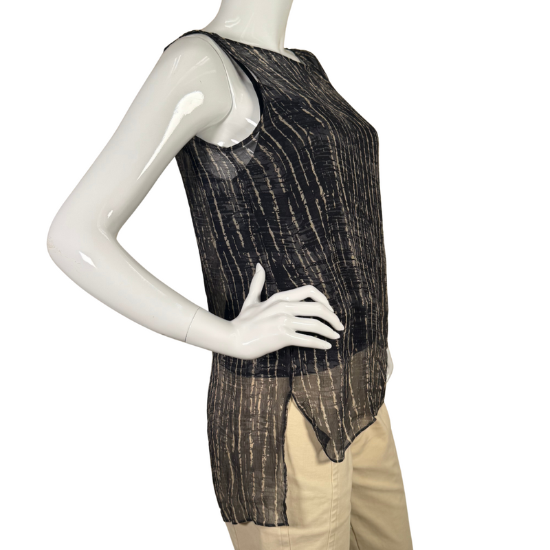 Load image into Gallery viewer, Eileen Fisher Zebra Sheer Sleeveless Blouse is a stylish sleeveless top features a lightweight, semi-sheer fabric with a navy blue and white abstract stripe pattern - side view
