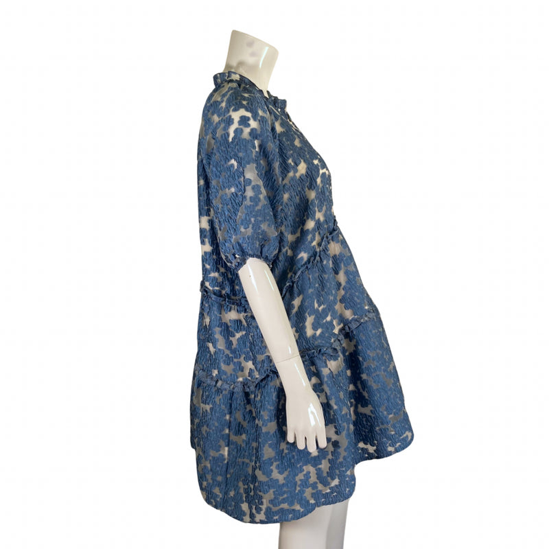 Load image into Gallery viewer, Anthropologie Maeve Blue Jacquard Tiered Dress on mannequin side view
