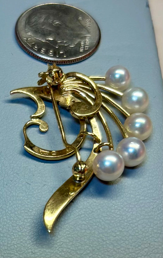 Vintage Mikimoto Akoya Pearl Brooch – 14K Gold