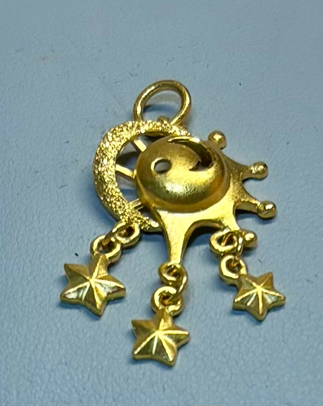 Load image into Gallery viewer, 24K Solid Gold Celestial Moon &amp; Stars Charm (9999 Gold) – Dangling Star Pendant
