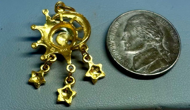 Load image into Gallery viewer, 24K Solid Gold Celestial Moon &amp; Stars Charm (9999 Gold) – Dangling Star Pendant
