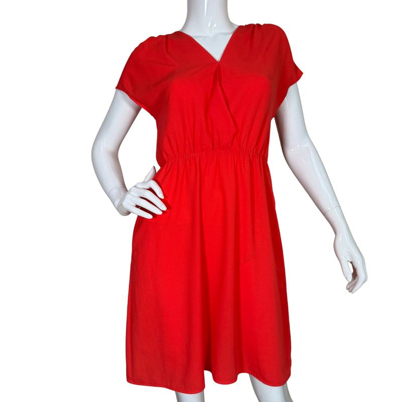Load image into Gallery viewer,  bold pre-loved Halogen Bright Red V-Neck Dress offers a vibrant pop of color with a flattering silhouette that’s both simple and stylish. 
