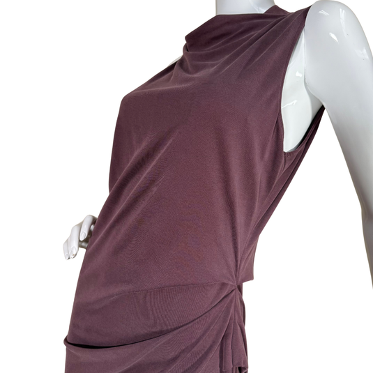 Brown dress on a mannequin against a white background