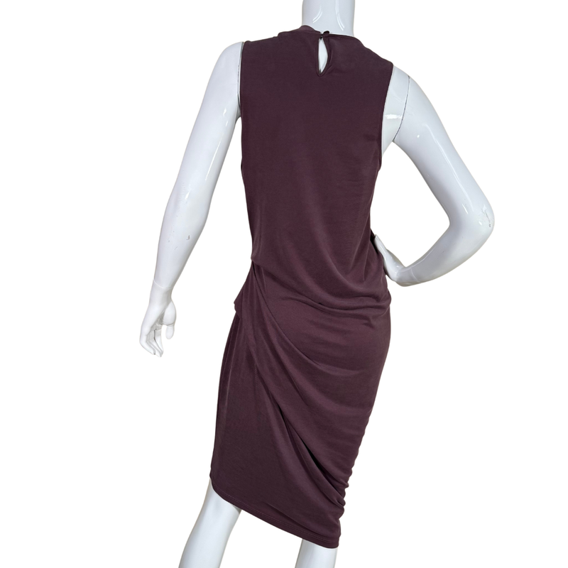 Load image into Gallery viewer, Elegant and refined, this pre-loved Halston Sleeveless Plum Ruched Midi Dress features a sleeveless design and an asymmetrical ruched detail that drapes gracefully across the front
