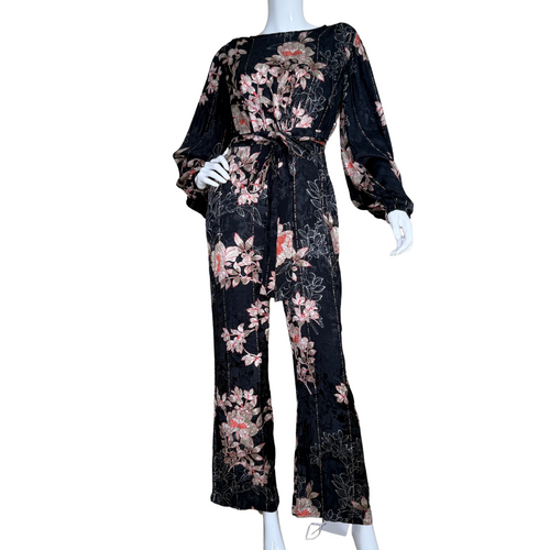Harlyn by Anthropologie Black Floral Long-Sleeve Jumpsuit