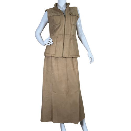 chic pre-loved Harve Benard Tan Utility Vest and Skirt Set with a structured collar, front zip closure, and four functional flap pockets that blend style with practicality