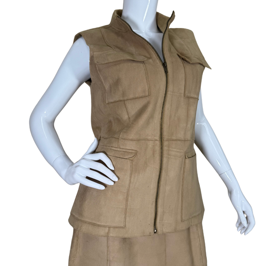 chic pre-loved Harve Benard Tan Utility Vest and Skirt Set with a structured collar, front zip closure, and four functional flap pockets that blend style with practicality
