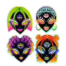 Set of four funky intergalactic holographic alien stickers, each represents one of the elements: earth, water, air, fire.