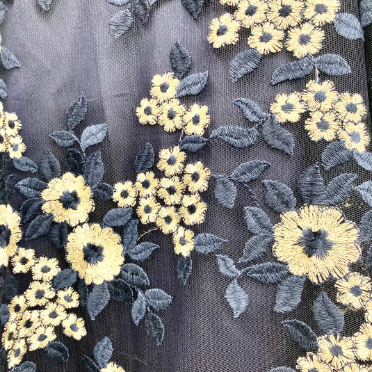 Tahari Elegant Navy-blue Floral Dress, close up of the delicate golden floral embroiderment