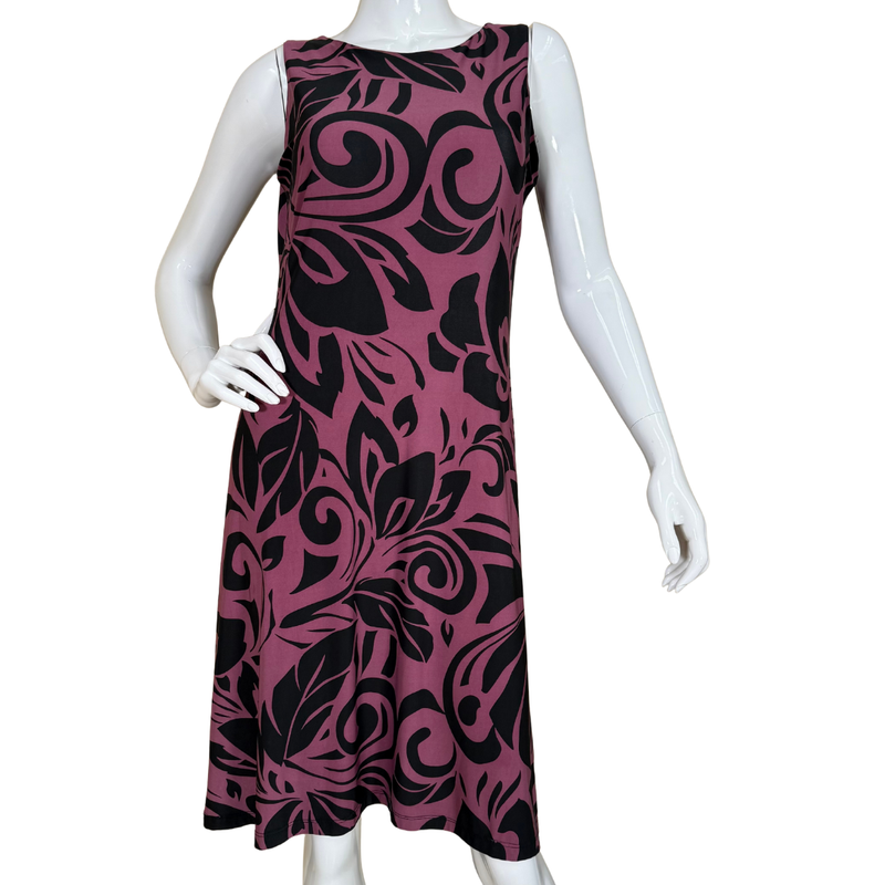 Load image into Gallery viewer, Iolani Muave Dress with Floral Ornaments showcases an eye-catching black swirl print over a deep mauve background
