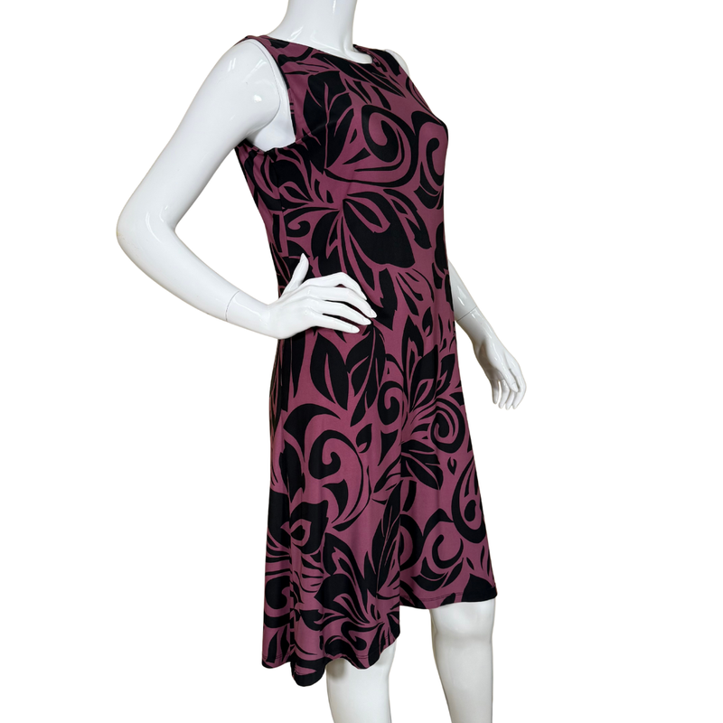 Load image into Gallery viewer, Iolani Muave Dress with Floral Ornaments showcases an eye-catching black swirl print over a deep mauve background
